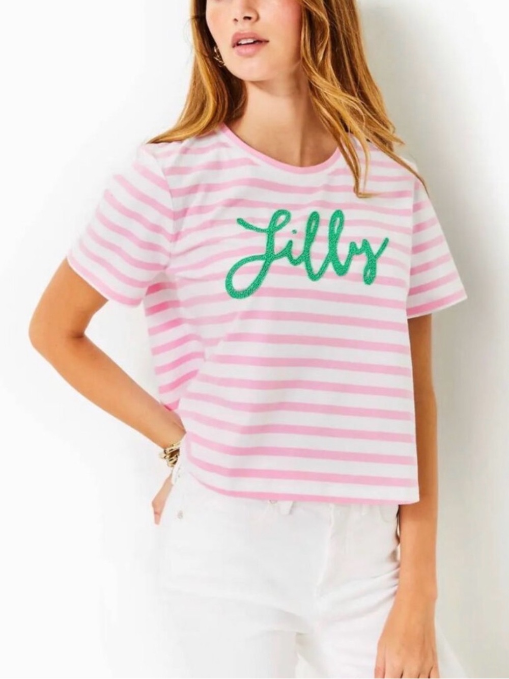 Lilly Pulitzer Keenan Cropped Top Pink & White Striped with Green Logo